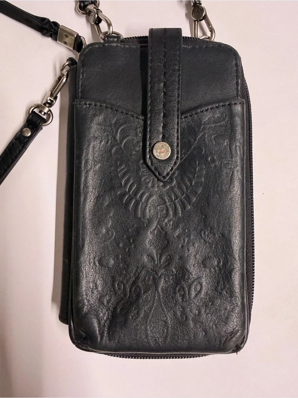 The Sak Black Leather Phone Crossbody Wallet Wristlet Embossed Floral Organizer
